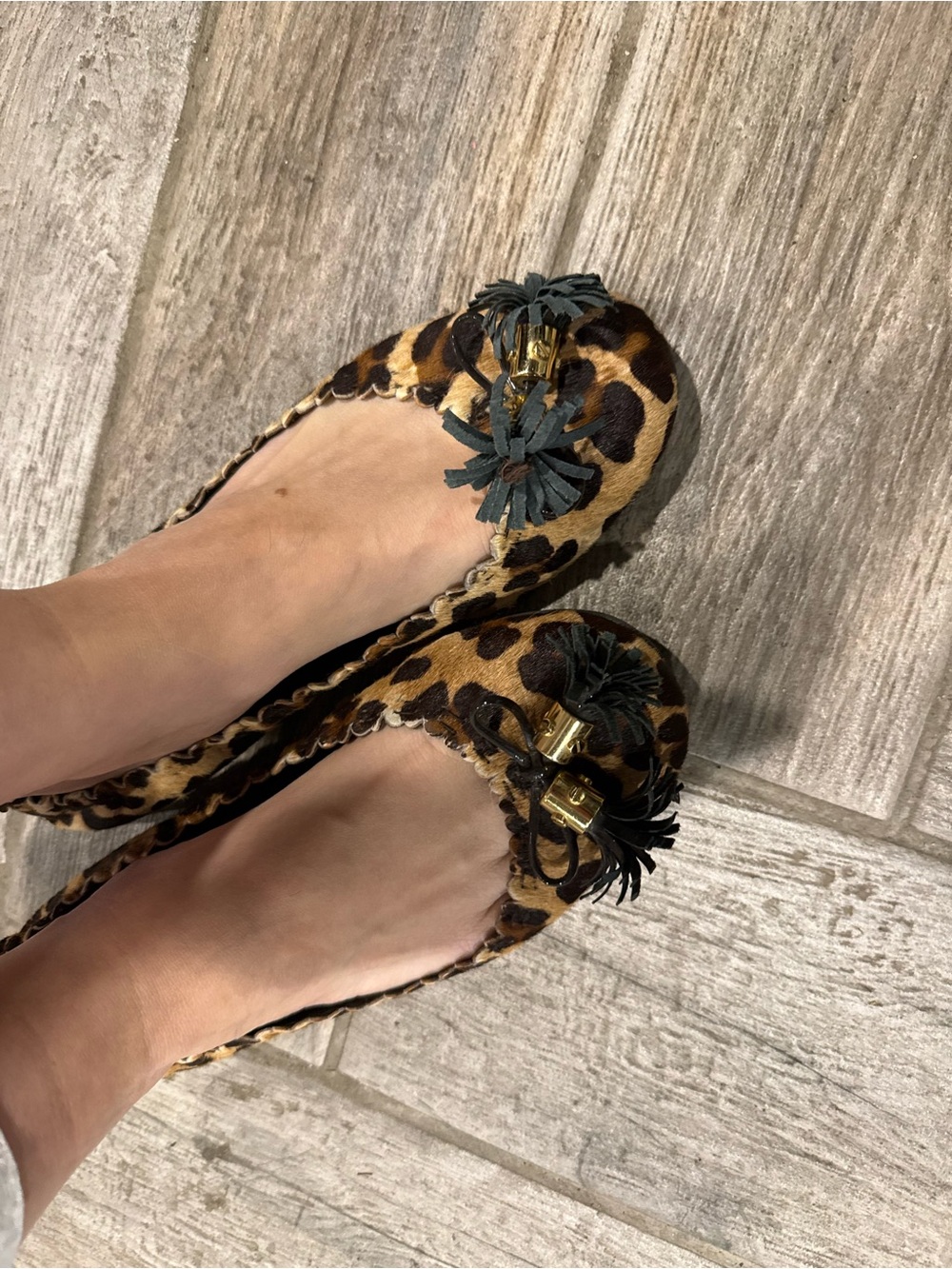 Tory Burch Leopard-Print Leather Ballet Flats with Black Tassels - Picture 2 of 2